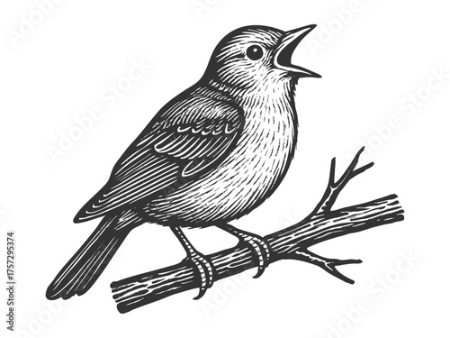 small bird perched on a branch, singing with its beak open in nature sketch engraving generative ai fictional character vector illustration. Scratch board imitation. Black and white image.