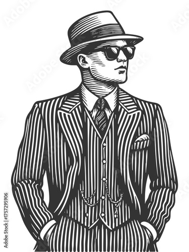 gangster wearing sunglasses, a pinstripe suit, and a fedora hat sketch engraving generative ai fictional character vector illustration. Scratch board imitation. Black and white image.