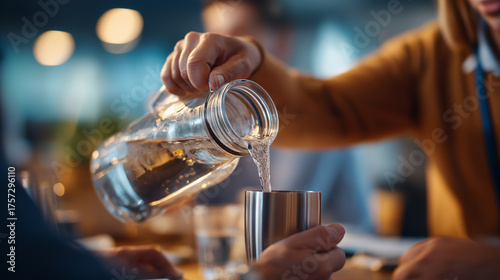 hands pouring water into a carafe during a meeting break matte tumbler conference backdrop defocused warm practicals upper third empty hydration break def