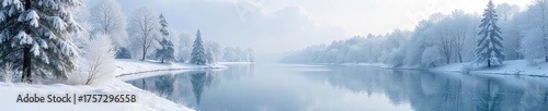 A snow-covered landscape with frosted trees and a frozen lake reflecting the winter sky Perfect for winter wonderland, seasonal, or nature themes Tranquil and serene winter scene , snow, crystal