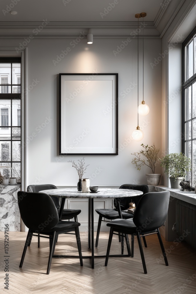 Fototapeta premium Modern dining room with round marble table, black chairs, and blank wall frame under warm pendant lights