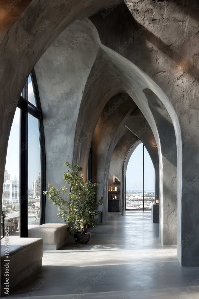 Fototapeta premium Modern minimalist interior with arched doorways and large windows overlooking the city skyline