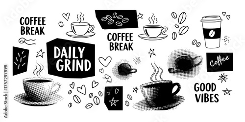 Coffee collage board, halftone black white cups, hand drawn doodles. Trendy banner for coffeshops, cafe, social media design set on yellow background
