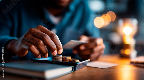close crop of hands placing coins and a card into a minimal tray ledger book nearby background lamp defocused warm mood clear right third petty cash budget