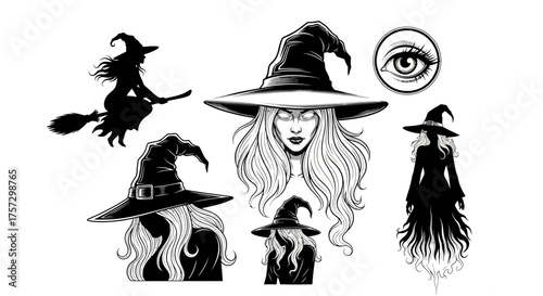 Vector art of collection of mystical witch and magicthemed illustrations