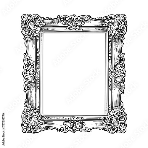A simple line drawing of an empty ornate picture frame white background