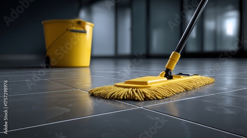 Yellow Mop And Bucket On Dark Tile Floor In Industrial Cleaning Scene