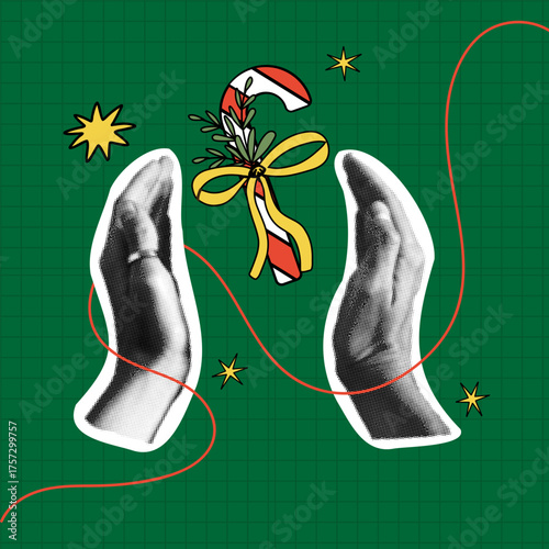 Christmas card. Halftone collage hand hold candy cone, xmas symbol. Winter holidays banner vintage design. Retro newspaper pop art. Arm gesture. Social media post vector isolated colorful illustration