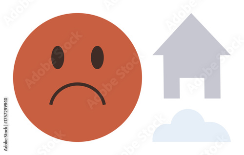 Red sad face alongside a simple house and cloud representing unhappiness, homesickness, or discomfort. Ideal for housing issues, mental health, stress, solitude, environmental concern, isolation
