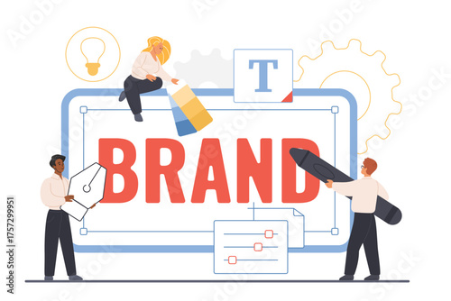 Brand recognition, reputation or identity for customer building, design creation by designers. Tiny people with color palette, pen and pencil create brand design on tablet cartoon vector illustration