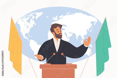 Government leader or diplomat, male politician speaking at podium on international meeting. Political public speech of young man orator at world map and country flags cartoon vector illustration