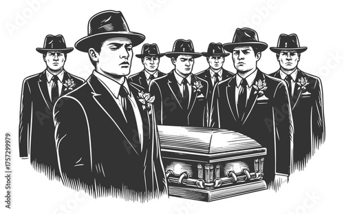 somber funeral procession with serious-looking gangsters in suits carrying a coffin sketch engraving generative ai fictional character vector illustration. Scratch board imitation. Black and white.