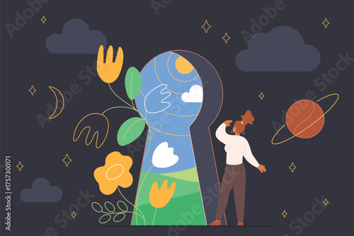 Self discovery, identity search and find, personality development, thoughts and thinking improvement. Tiny girl standing at big keyhole to explore bright world and freedom cartoon vector illustration