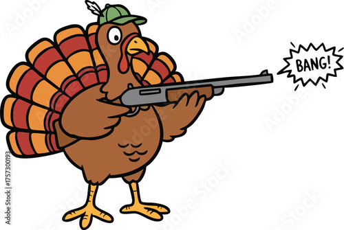 Funny Thanksgiving Turkey bird cartoon character with gun