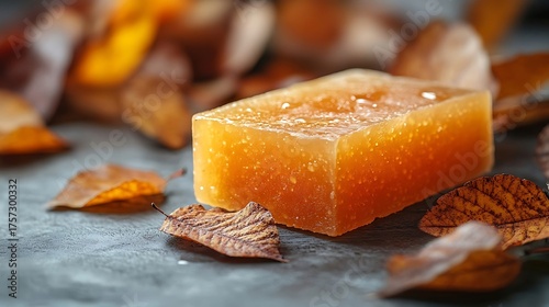 Amber block surrounded with dried leaves on dark cracked wooden surface, square shape