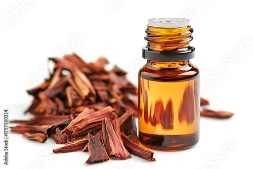 Amber Bottle and Pile of Palo Santo Wood Chips on a White Background