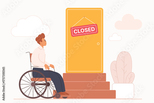 Ableism, discrimination, prejudice against hiring people with disability, unequal rights, career opportunity. Tiny man with wheelchair at door with ladder and sign Closed cartoon vector illustration