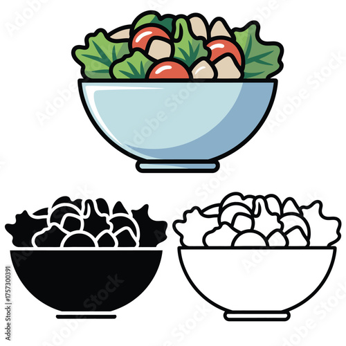 Salad bowl variations with vegetables in color and monochrome styles
