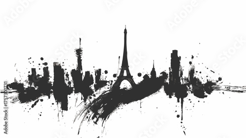 Paris skyline silhouette in expressive black ink brush stroke art featuring Eiffel Tower landmark
