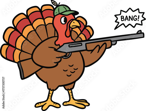 Funny Thanksgiving Turkey bird cartoon character with gun