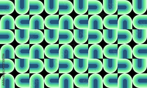 Hypnotic optical illusion featuring a seamless geometric pattern of flowing rounded lines in a vibrant retro green and blue gradient