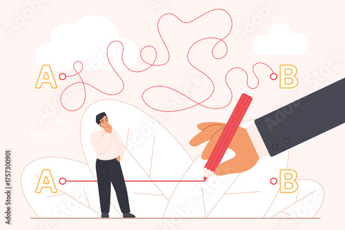 Easy solution to problem and career support, simple shortcut way from mentor. Giant hand of boss or coach drawing straight path to goal, line from point A to B for tiny man cartoon vector illustration