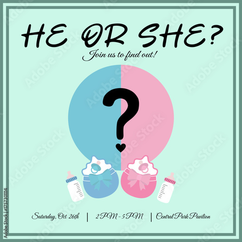 Baby gender reveal party invitation. Vector flat illustration suitable for cards, designs, flyers, posters, decor, banners, and websites.