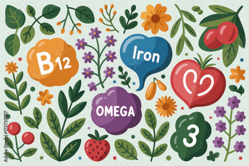 Colorful array of nutrient-rich plants with b12, iron, omega, heart, and flax elements