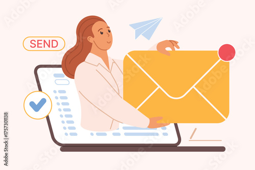 New email notification on mail automation platform, marketing campaign message or newsletter delivery. Girl on laptop screen holding big envelope with letter for customer cartoon vector illustration