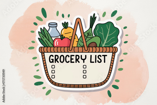 Illustrated grocery list with vibrant vegetables in a basket on textured background