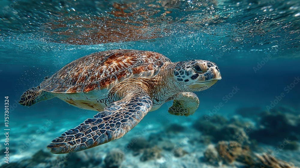 Fototapeta premium Sea Turtle Gliding Over Coral Reef Beneath Sunlit Turquoise Tropical