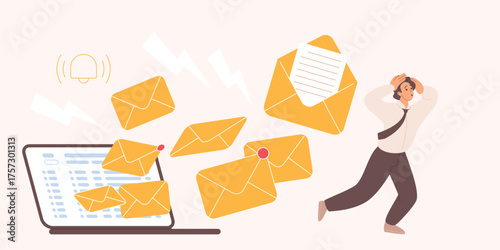 Mailbox overload with spam messages, mail platform alert, fraud and scam letter delivery. Tiny businessman running away in fear from many envelopes on laptop screen cartoon vector illustration