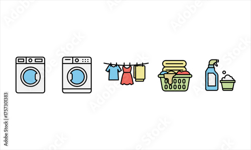 A vibrant vector icon set for laundry and cleaning tasks, featuring washing machines, drying clothes, baskets, and detergents, perfect for home chore illustrations