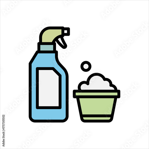 A vibrant flat-design vector icon showcasing essential cleaning supplies, including a versatile spray bottle and a bucket of suds, perfect for illustrating household chores, sanitation, and hygiene