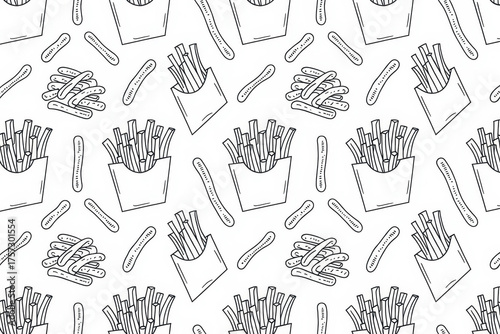 Seamless pattern of hand drawn french fries and pickles in black and white
