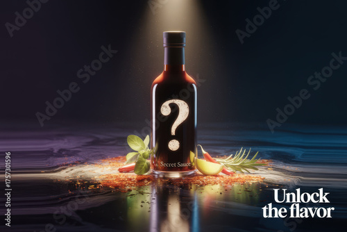 Mysterious sauce bottle with question mark and spices under spotlight on dark background
