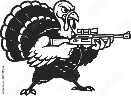 Funny Thanksgiving Turkey bird cartoon character with gun