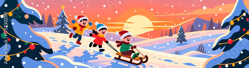 Kids sledding at sunset in Christmas landscape illustration