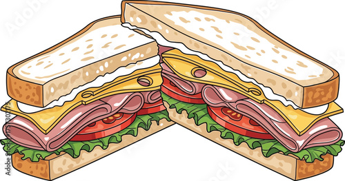 Two delicious sandwiches with ham cheese lettuce and tomato on toasted bread perfect for lunch or a quick meal isolated on a white background