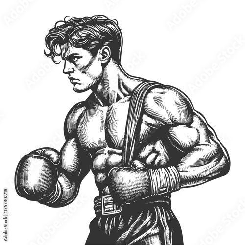 focused boxer in a fighting stance, highlighting power, discipline, and vintage athleticism sketch engraving generative ai fictional character vector illustration. Scratch board. Black and white image