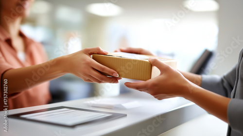 torso only of a courier handoff neutral parcel exchanged over a reception counter directory board defocused soft overhead light right margin clear package