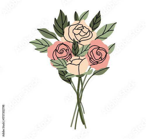 Roses bouquet composition. Pink flowers and green leaves. Decorative element, frame, border and divider, underline. Bouquet with blossoms. Botanical garland. Vector cartoon flat isolated illustration