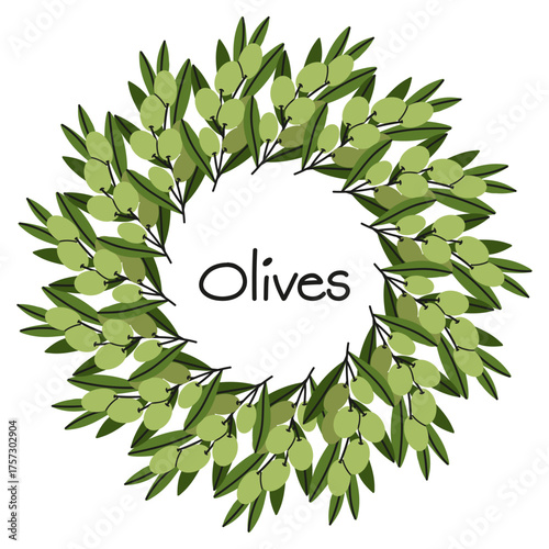 Olives round frame. Circle border, green branches with leaves and berries. Italian food decoration menu, oil packaging, label or emblem. Vector cartoon flat style isolated illustration