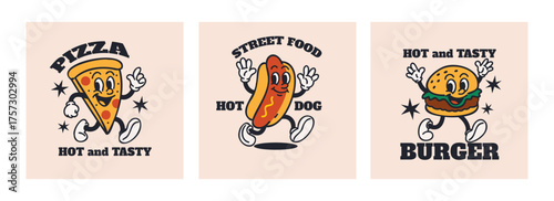 Happy Fast food characters. Vintage mascot waving hands. Hot and tasty cafe and restaurant label or emblem. Poster or card. Pizza, hotdog and burger. Vector cartoon flat style isolated illustration