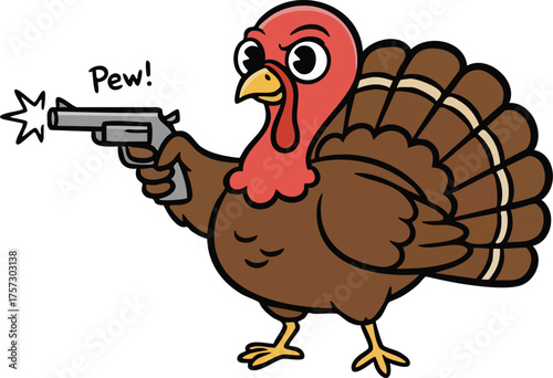 Funny Thanksgiving Turkey bird cartoon character with gun