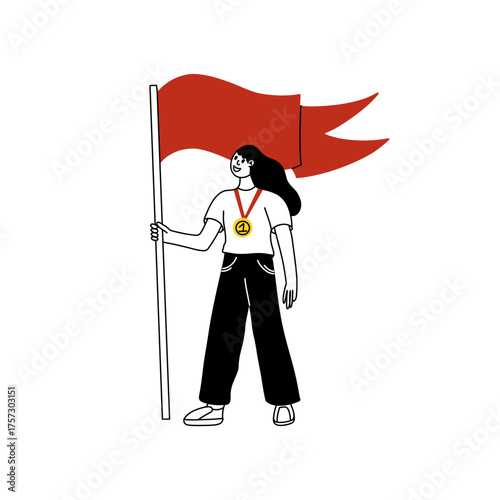 Winner people. Woman with gold medal hold red flag. Award ceremony. Happy young sportsmen or businesswoman with medal achieve goal. Successful girl with goblet. Vector cartoon isolated illustration