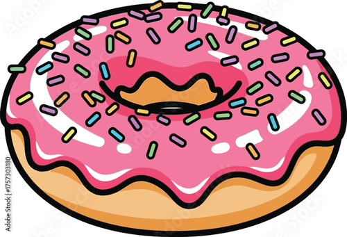 Cartoon donut with pink frosting and colorful sprinkles on a light blue background perfect for illustrating sweet treats and confectionery items