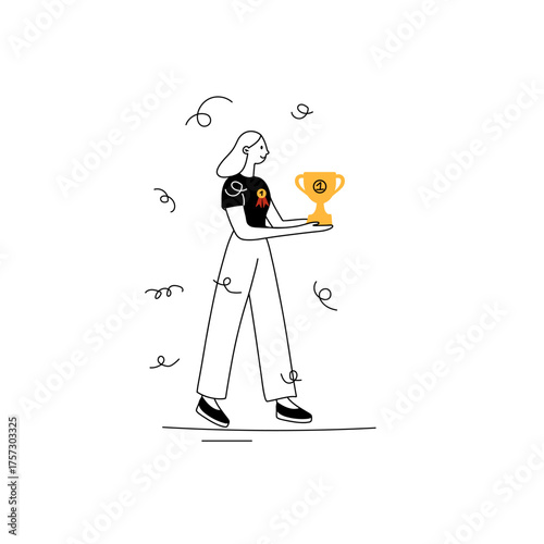 Winner people. Woman with gold goblet. Award ceremony. Happy young sportsmen or businesswoman with medal achieve goal. Successful leader girl, doodle drawing. Vector cartoon isolated illustration