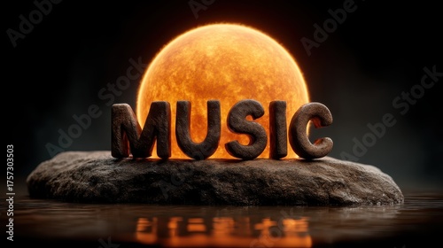 Illuminated Music Word with Sunset Background on a Rock Surface for Creative and Artistic Themes