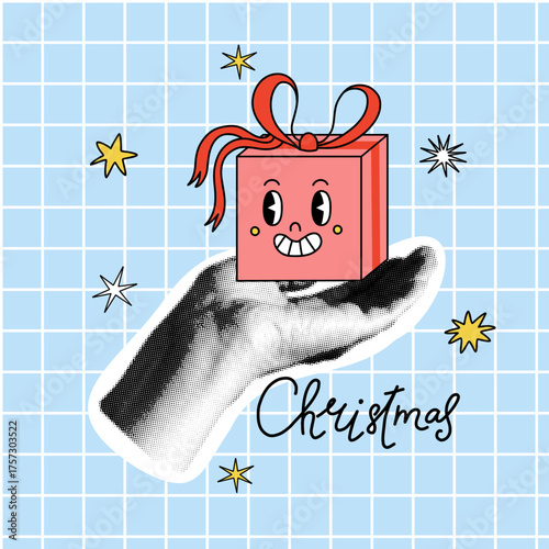 Christmas card. Halftone collage hand hold gift, xmas symbol. Winter holidays banner vintage design. Retro newspaper pop art. Arm gesture. Social media post. Vector isolated colorful illustration